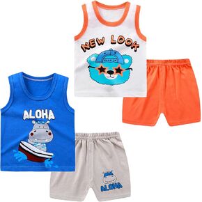 Toddler Boys 4-piece Tank Top and Shorts Set Summer Clothes Cotton Shirts and Shorts Kids Outfits