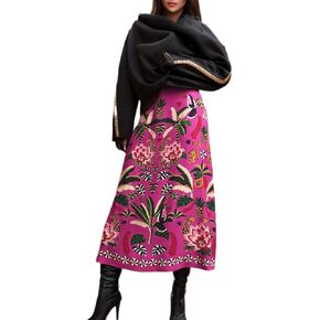 A Line Midi Skirts for Women Floral Satin Boho Wrap Pink High Waist Zipper Spring Summer Skirt