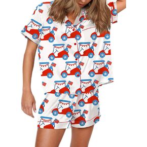 4th of July Women Outfit Short Sleeve Button Shirt Matching Shorts Satin Pajama Sets Women July Fourth Clothes