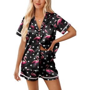 Ekouaer Womens Silk Pajama Sets Button Up Satin Pjs Short Sleeve 2 Piece Cute Loungewear Notch Collar with Chest Pocket