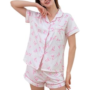 Bow Pajama-Coquette Women's 2 قطعة Pajama Set ، Bow Graphic Short Sleeve Button-Down Down Down Shirt & Shirts