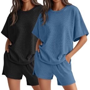 Neer 2 Pack Waffle Knit Women's Pajama Sets Lounge Cute Short Sleeve Top and Shorts Matching PJ With Pockets