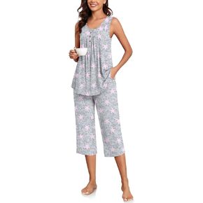 Bestbee Womens Sleeveless Pajama Sets 2 Piece Sleepwear Summer Lounge Outfits Henley Tanks Capri Pants Ladies Pjs