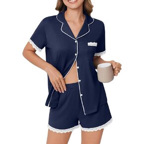 Ekouaer Womens Short Sleeve Pajamas Set Soft Sleepwear Button Down Lounge Set Lace Top and Shorts Pj Nightwear