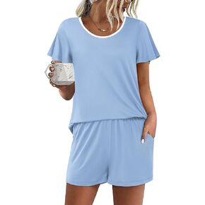 Ekouaer Womens Pajama Set Summer Ruffle Short Sleeve Pjs Sleepwear Cute 2 Piece Lounge Sets S-XXL