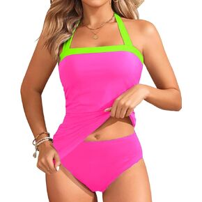 Womens Two Piece Tankini Swimsuit Tummy Control Bathing Suits Slim Halter Swimwear with High Waisted Bottom