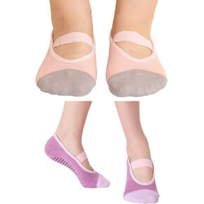 Non Skid Grip Cotton Socks for Kids, Perfect for Daily wear, Yoga, Dance, Barre, Ballet (US, Age, 4 Years, 7 Years, Pink S Kids + Purple S Mom)