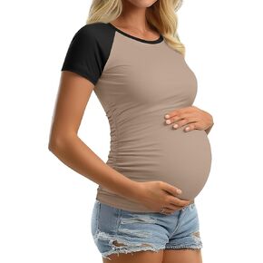 Riyiper Women's Maternity T-Shirts, Cotton Crewneck Raglan Short Sleeve Pregnant Top Side Ruched Color Block Mama Clothes Tee