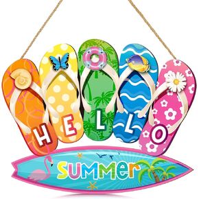 Summer Slippers Hanging Sign Shape Welcome Hello Flip Flop Wooden Door Plaque Rustic Wall Sign Yard Indoor Outdoor Garden Decoration with Rope (Welcome)