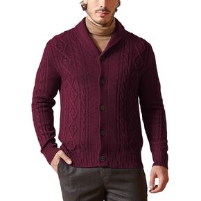 Kallspin Men's Wool Blend Plaited Cable Sweater Cardigan Shawl Neck Long Sleeve Knitted Sweater