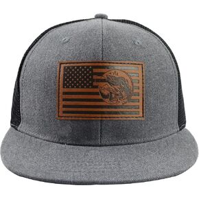American Flag Fishing Trucker Hat for Men, Funny Embroidered Leather Patch Fish Baseball Cap