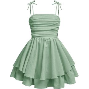 SHENHE Girl's Tie Shoulder Tiered Ruffle Dress Ruched Smocked Flowy A Line Cami Dresses