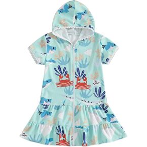 Girls Hooded Terry Coverups Zip Up One Piece Swimsuits Sea Animals Print Short Sleeve Ruffle Swim Cover Up Swimwear