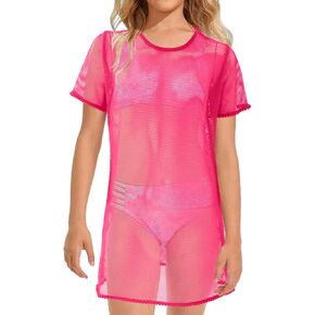 Girls Swim Cover Up Kids Short Sleeve Beach Bathing Suit Bikini Cover Wraps With Pom Pom Trim 4-13 Years
