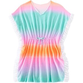 Milumia Girl's Tie Dye Ruffle Trim Cover Up Bow Tie Mesh Beach Dresses Coverups