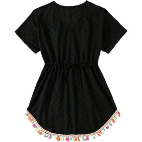 SHENHE Girl's Tassel Hem Sheer Beach Cover Up Short Sleeve V Neck Tassel Dress Coverups