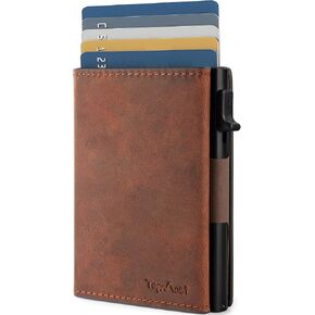 TopMost Genuine Leather Pop Up Wallet for Men, Credit Card Holder, RFID Blocking Ridge Wallets for Men with ID Window, Slim, Minimalist, 5-9 Card Capacity & Cash Slot, Brown