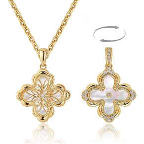 Fettero Dainty Gold Necklace for Women - Double Sided Pendant Necklace 14K Gold Plated Charm Clover Necklace Jewelry for Valentine's Day