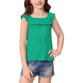 BesserBay Girls Summer Ruffle Trim Square Neck Knit Ribbed Tank Top Cute Strechy Sleeveless Trendy Tee Shirt 5-14 Years