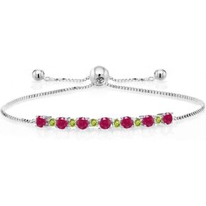 Gem Stone King 925 Sterling Silver Round Red Ruby and Green Peridot Tennis Bracelet For Women (1.27 Cttw, Gemstone Birthstone, Fully Adjustable Up to 9 Inch)