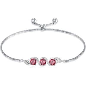 3-Stone 5mm Gemstone Adjustable Tennis Bracelet 925 Sterling Silver Birthstone Bracelet Box Chain with 7+2 inch Chain for Women Gifts
