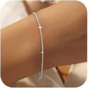 925 Sterling Silver Cubic Zirconia Tennis Bracelet for Women Sparkling Classic 1mm Simulated Diamond Charm Chain Bracelets Bridal Wedding Birthday Jewelry Gifts for Wife Mom (Silver, 1 mm)