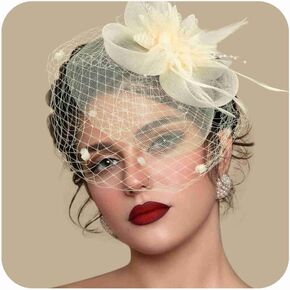 Fascinators Hats for Women Tea Party Hat Feather Mesh Headband Vintage Lace Cocktail Headwear Veil Hair Clip Church