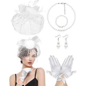 Fascinators Hat with Veil for Women Tea Party Funeral Wedding Cocktail 1920s Events, Satin Gloves and Pearl Jewelry Set