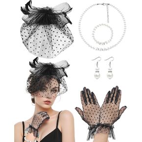 Black Fascinator Hat for Women Tea Party Attire Funeral Veil Pillbox Hats and Lace Gloves 1920s 50s