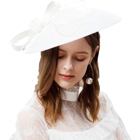 Women's White Wide Brim Straw Derby Hat - Elegant Feather Fascinator for Cocktail Party, Tea Events & Weddings, Summer Luxury Headpiece