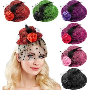 Hoteam 6 Pcs Derby Party Headbands Mini Glitter Sequin Hat Fancy Hair Fascinators for Women in 6 Colors Tiny Hat Hair Clips for Tea Party Favors