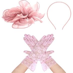 Sucrain 2 Pcs Fascinators Hat for Women Headband Tea Party with Lace Glove