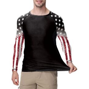 Jiu Jitsu Men American Flag UPF 50+ Sun Protection Printed Performance Fit Compression Rash Guard Long Sleeve Swim Shirts