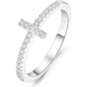 Cross Cubic Zirconia Promise Anniversary Ring For Women 925 Sterling Silver, Simulated Diamond 14k White Gold Plated CZ Stackable Rings For Her, Wedding Band Half Eternity Promise Ring