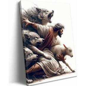 MALEDO Jesus and Lamb Canvas Wall Art Jesus Saves the Lost Lamb Picture Wall Decor Jesus Protect a Lamb from Wolves Painting Print Christian Poster Artwork for Living Room Bedroom Church Home Decor