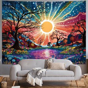 Serborlur Tree of Life Tapestry - Trippy Sun Forest, Colorful Starry Sky, Hippie Nature Landscape Wall Hanging for Bedroom - Aesthetic Vintage (70.8" x 92.5")