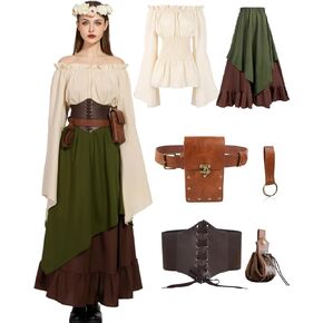 Renaissance Costume Women Ren Faire Outfit Medieval Skirt Dress with Corset Belt Pouch Coin Purse Skirt Hike 7PC