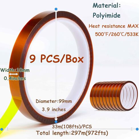 Valley'sYuMiao 9Rolls×10mm×108fts, Heat Tape for Sublimation, Heat Transfer Tape, Heat Resistant Tape, No Residue, Polyimide, Total Length 972fts, Max 260℃ in Saudi Arabia
