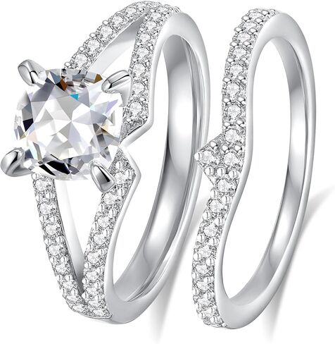 مجموعات خاتم زفاف مويسانيت D Color VVS1 مجموعات خاتم Moissanite ، خاتم الخطوبة Moissanite 18K مطلي بالذهب الأبيض 925 Sterling Silver Moissanite Ring in Kuwait