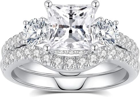 مجموعات خاتم زفاف مويسانيت D Color VVS1 مجموعات خاتم Moissanite ، خاتم الخطوبة Moissanite 18K مطلي بالذهب الأبيض 925 Sterling Silver Moissanite Ring in Kuwait