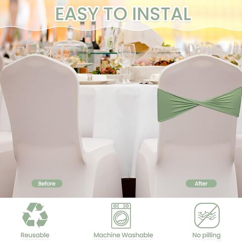 Kinlop 150 Pcs Spandex Chair Sashes Bows Stretch Chair Cover Bands Elastic Ties Bands Slider Sashes Without Buckle Decorations for Wedding Party Events Ceremony Birthday(Sage Green) in Kuwait