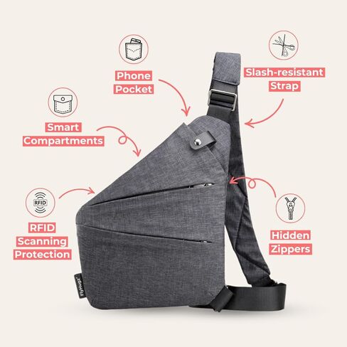 FlyHugz Anti-Theft Crossbody Sling Bag for Travel - Gray Canvas, Multi-Pocket Design for Men & Women, Water-Resistant in Kuwait