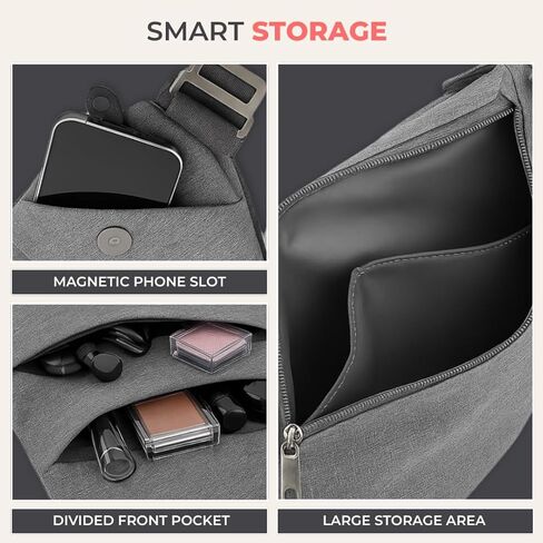 FlyHugz Anti-Theft Crossbody Sling Bag for Travel - Gray Canvas, Multi-Pocket Design for Men & Women, Water-Resistant in Kuwait
