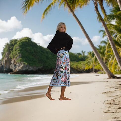 A Line Midi Skirts for Women Floral Satin Boho Wrap Pink High Waist Zipper Spring Summer Skirt in Saudi Arabia