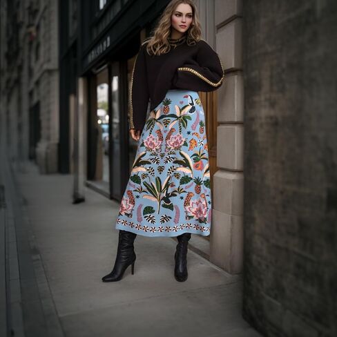 A Line Midi Skirts for Women Floral Satin Boho Wrap Pink High Waist Zipper Spring Summer Skirt in Saudi Arabia