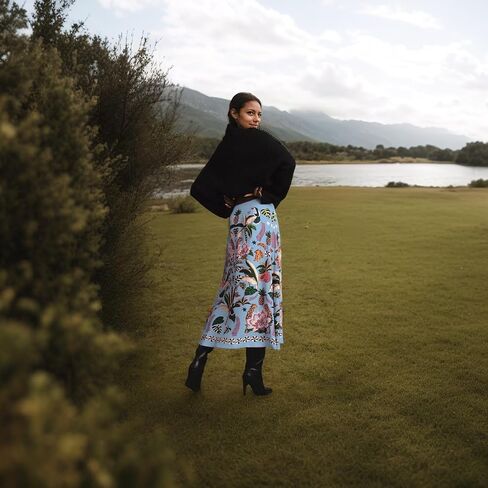 A Line Midi Skirts for Women Floral Satin Boho Wrap Pink High Waist Zipper Spring Summer Skirt in Saudi Arabia