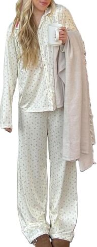 Seyurigaoka Women 2 Piece Floral Pajamas Lounge Set Y2K Long Sleeve Shirt Wide Leg Pants Sleepwear Pj Matching Sets in Kuwait