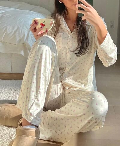 Seyurigaoka Women 2 Piece Floral Pajamas Lounge Set Y2K Long Sleeve Shirt Wide Leg Pants Sleepwear Pj Matching Sets in Kuwait