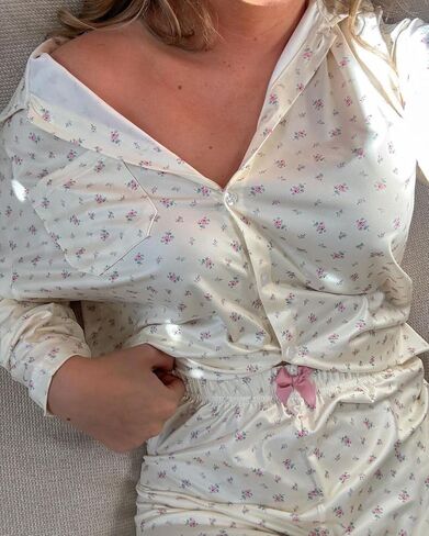 Seyurigaoka Women 2 Piece Floral Pajamas Lounge Set Y2K Long Sleeve Shirt Wide Leg Pants Sleepwear Pj Matching Sets in Kuwait