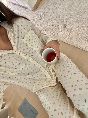 Seyurigaoka Women 2 Piece Floral Pajamas Lounge Set Y2K Long Sleeve Shirt Wide Leg Pants Sleepwear Pj Matching Sets in Kuwait